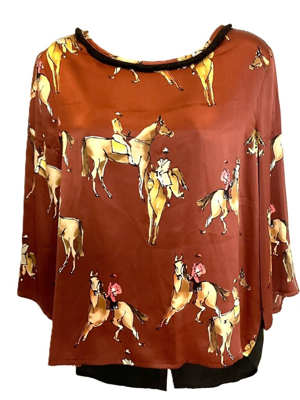 SHIRTAPORTER 100% Silk Equestrian Print Button-Back Blouse Size 42 Italy
